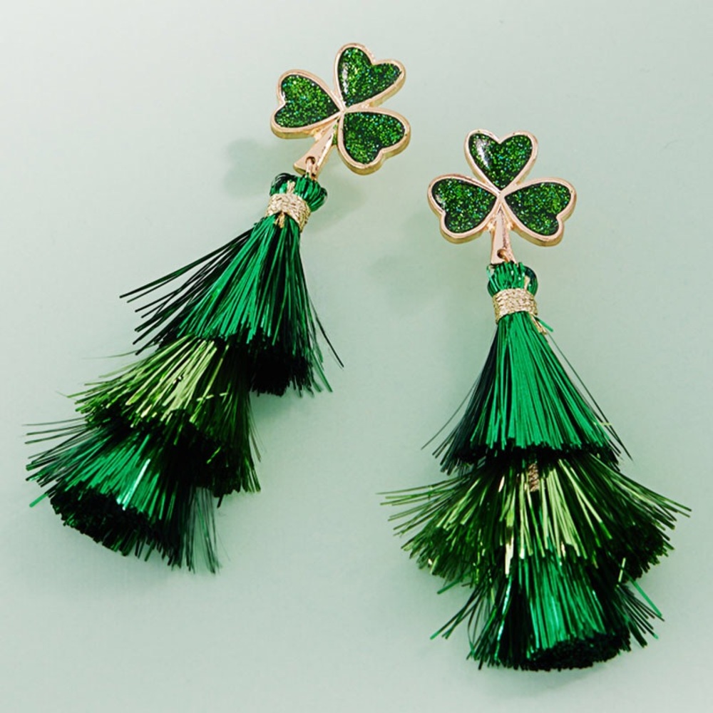 Green St Patricks Day Shamrock Tassel Dangle Statement Earrings
